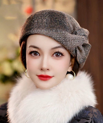 Elegant Brown Plaid Versatile Woolen Beret Hat
