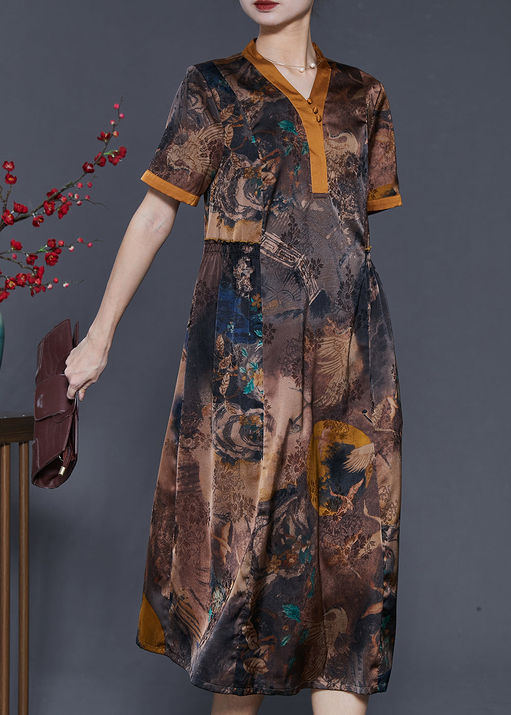 Elegant Brown Print Silm Fit Silk Long Dress Summer