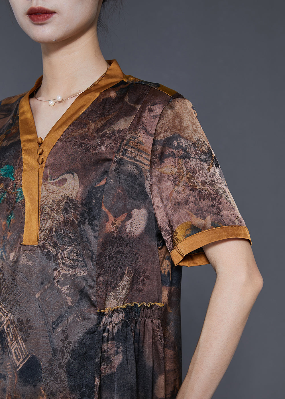 Elegant Brown Print Silm Fit Silk Long Dress Summer