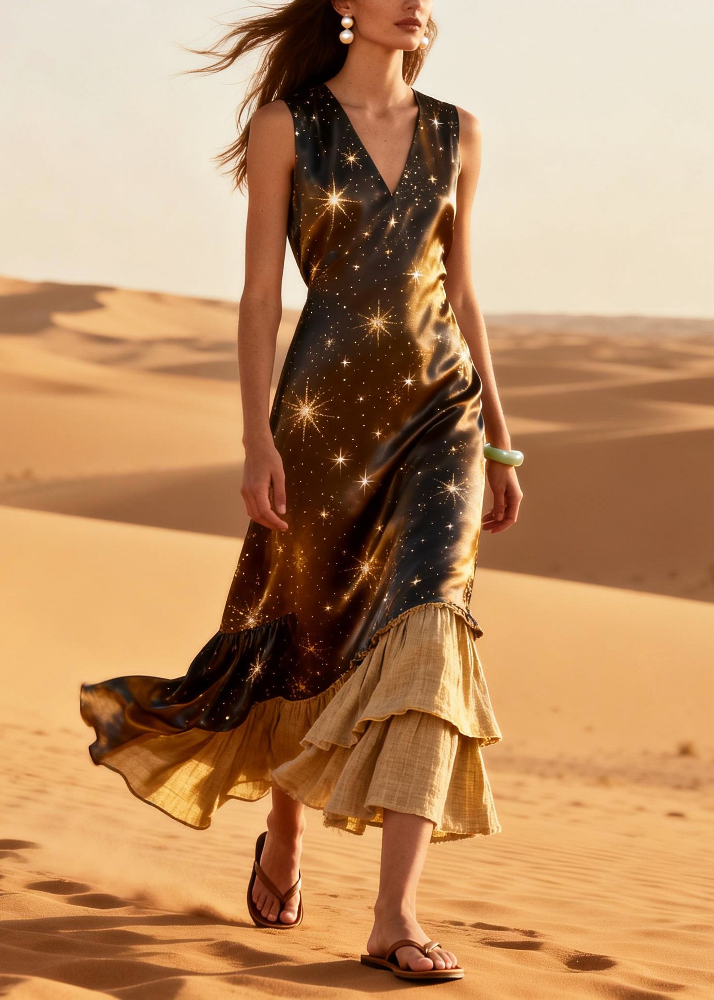 Elegant Brown Star Patchwork Linen Silk Maxi Dresses Summer