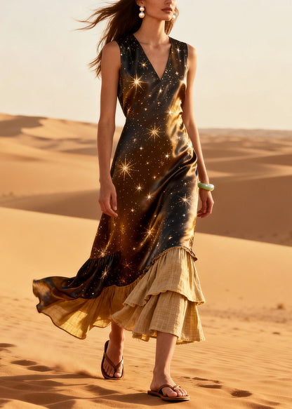 Elegant Brown Star Patchwork Linen Silk Maxi Dresses Summer