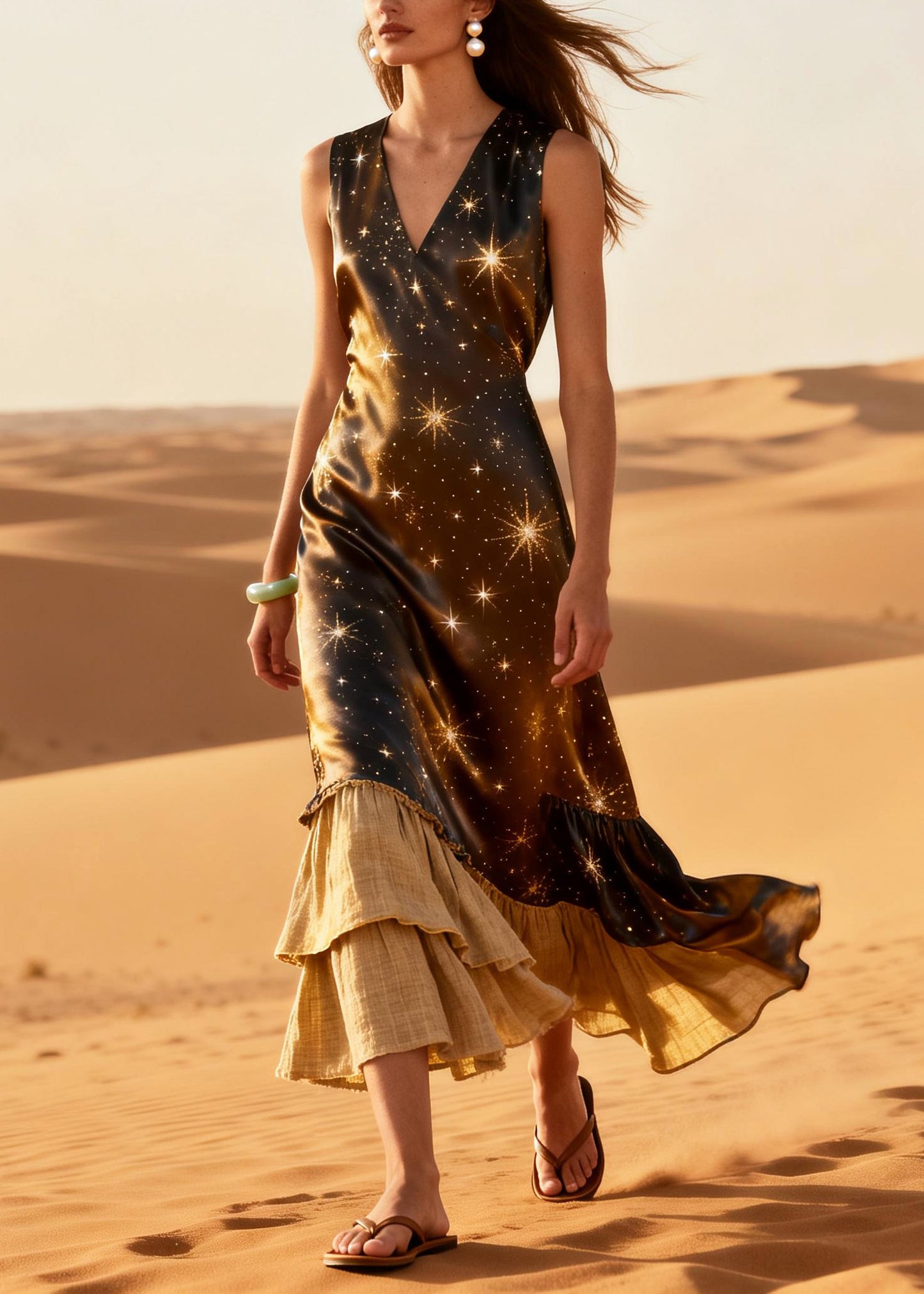 Elegant Brown Star Patchwork Linen Silk Maxi Dresses Summer