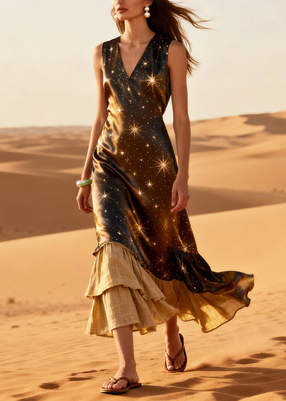 Elegant Brown Star Patchwork Linen Silk Maxi Dresses Summer