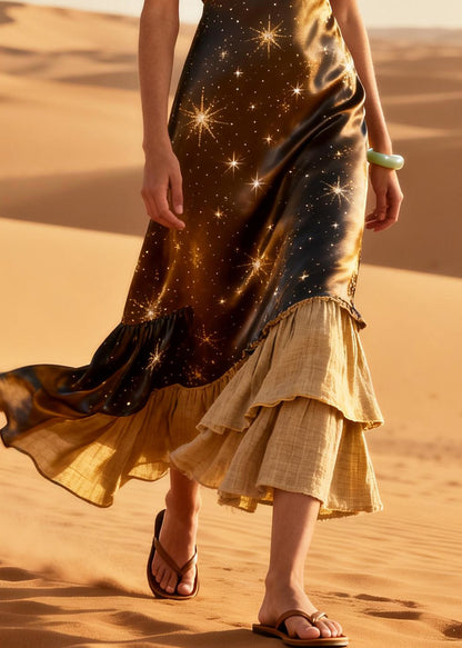 Elegant Brown Star Patchwork Linen Silk Maxi Dresses Summer