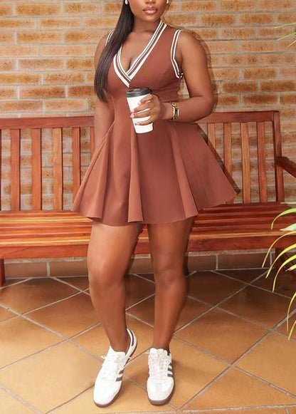 Elegant Brown V Neck Cotton A Line Dresses Summer