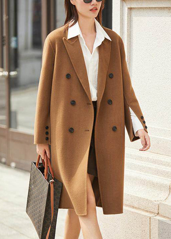 Elegant Camel Patchwork Wool Long Coat Long Sleeve
