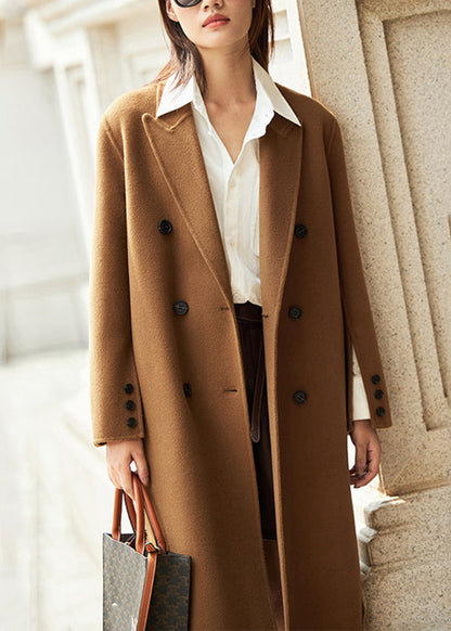 Elegant Camel Patchwork Wool Long Coat Long Sleeve