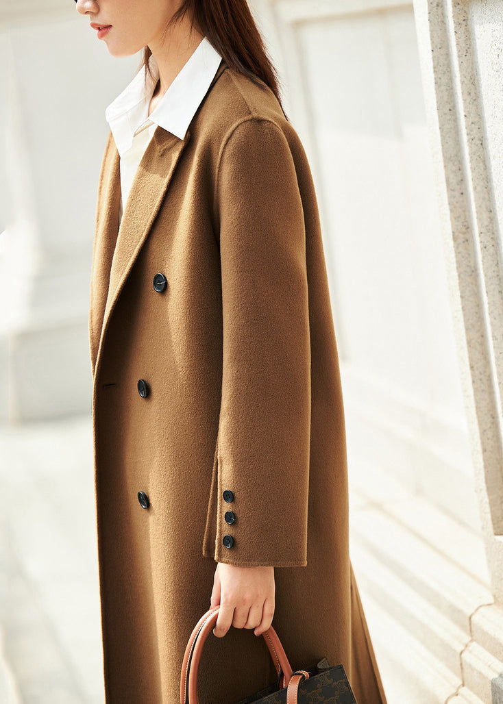 Elegant Camel Patchwork Wool Long Coat Long Sleeve