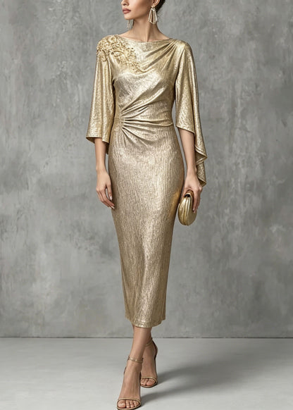Elegant Champagne Asymmetrical Design Zircon Wrinkled Dress Summer