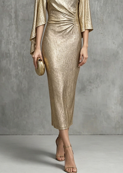 Elegant Champagne Asymmetrical Design Zircon Wrinkled Dress Summer