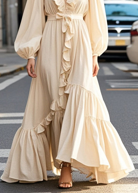 Elegant Champagne Color Ruffled Exra Large Hem Long Dress Spring
