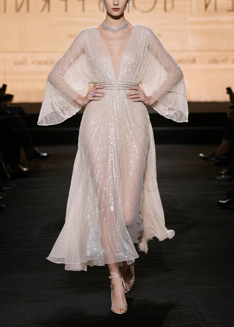 Elegant Champagne Sequins Hollow Out Tulle Party Dress Summer