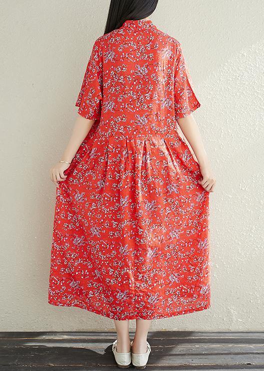 Button Chiffon Robes Fabrics red prints Dresses summer - SooLinen