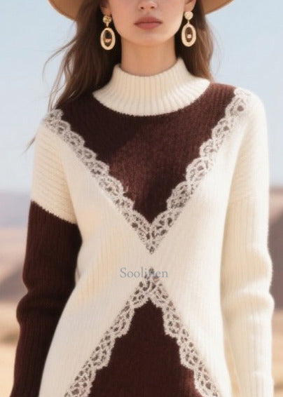Elegant Chocolate Patchwork Lace Sweater Dress Winter