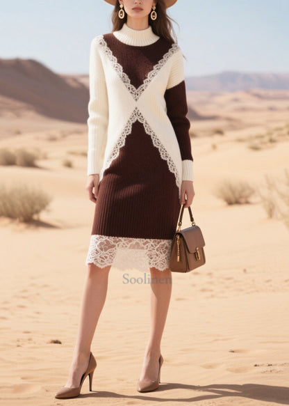 Elegant Chocolate Patchwork Lace Sweater Dress Winter