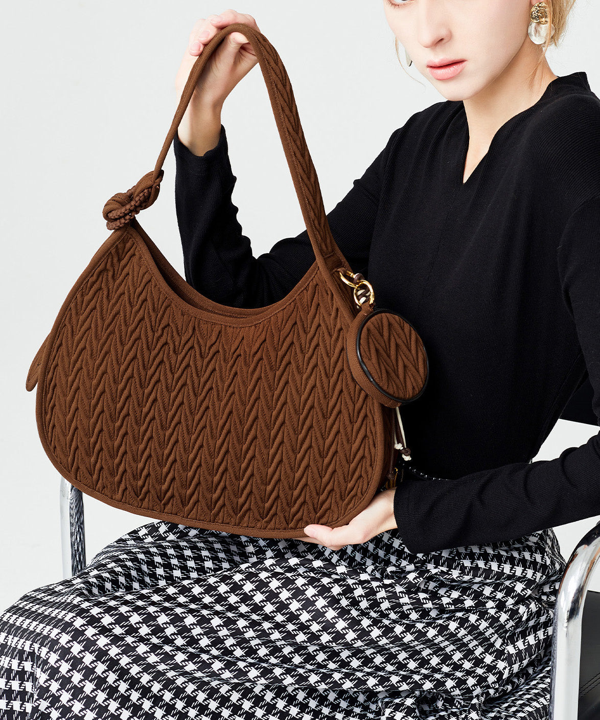 Elegant Chocolate Striped Solid Durable Cotton Hobo Bag