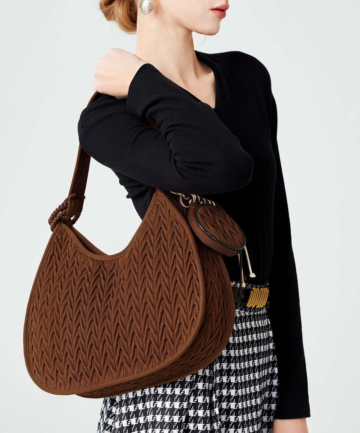 Elegant Chocolate Striped Solid Durable Cotton Hobo Bag