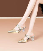 Elegant Chunky Heel Green Zircon Pointed Toe Slide Sandals