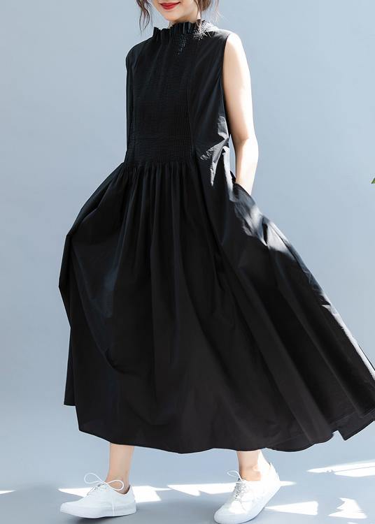 Elegant Cinched  cotton Summer Clothes Women  Black Maxi Dress - SooLinen