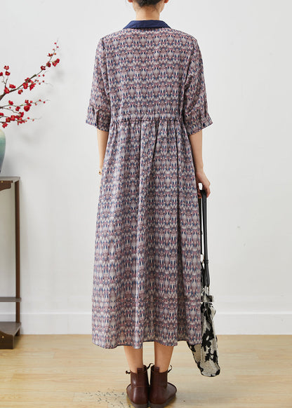 Elegant Cinched Print Cotton Long Dress Half Sleeve