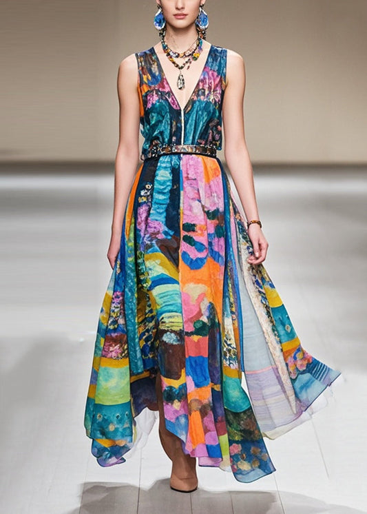 Elegant Cinched Print Exra Large Hem Chiffon Dresses Sleeveless