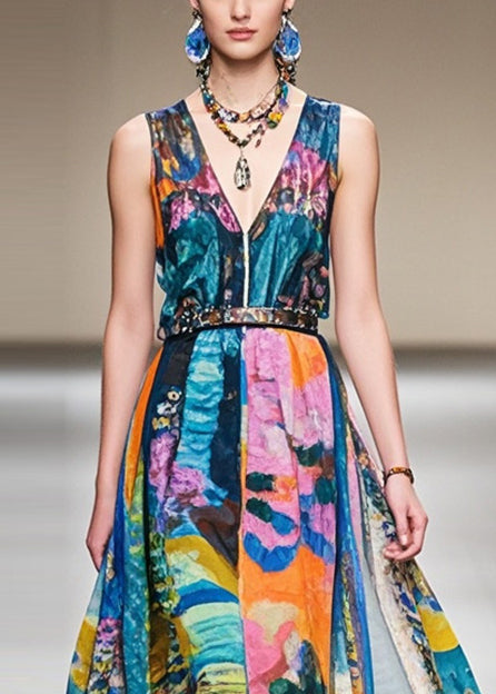 Elegant Cinched Print Exra Large Hem Chiffon Dresses Sleeveless