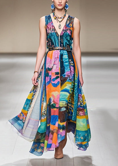 Elegant Cinched Print Exra Large Hem Chiffon Dresses Sleeveless