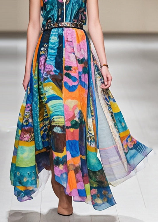 Elegant Cinched Print Exra Large Hem Chiffon Dresses Sleeveless