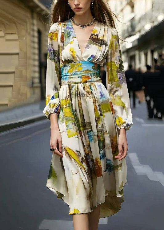 Elegant Cinched Print Silk Day Dress Spring
