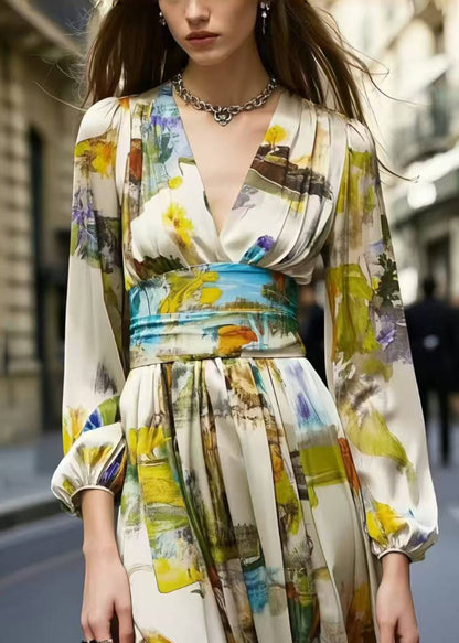 Elegant Cinched Print Silk Day Dress Spring