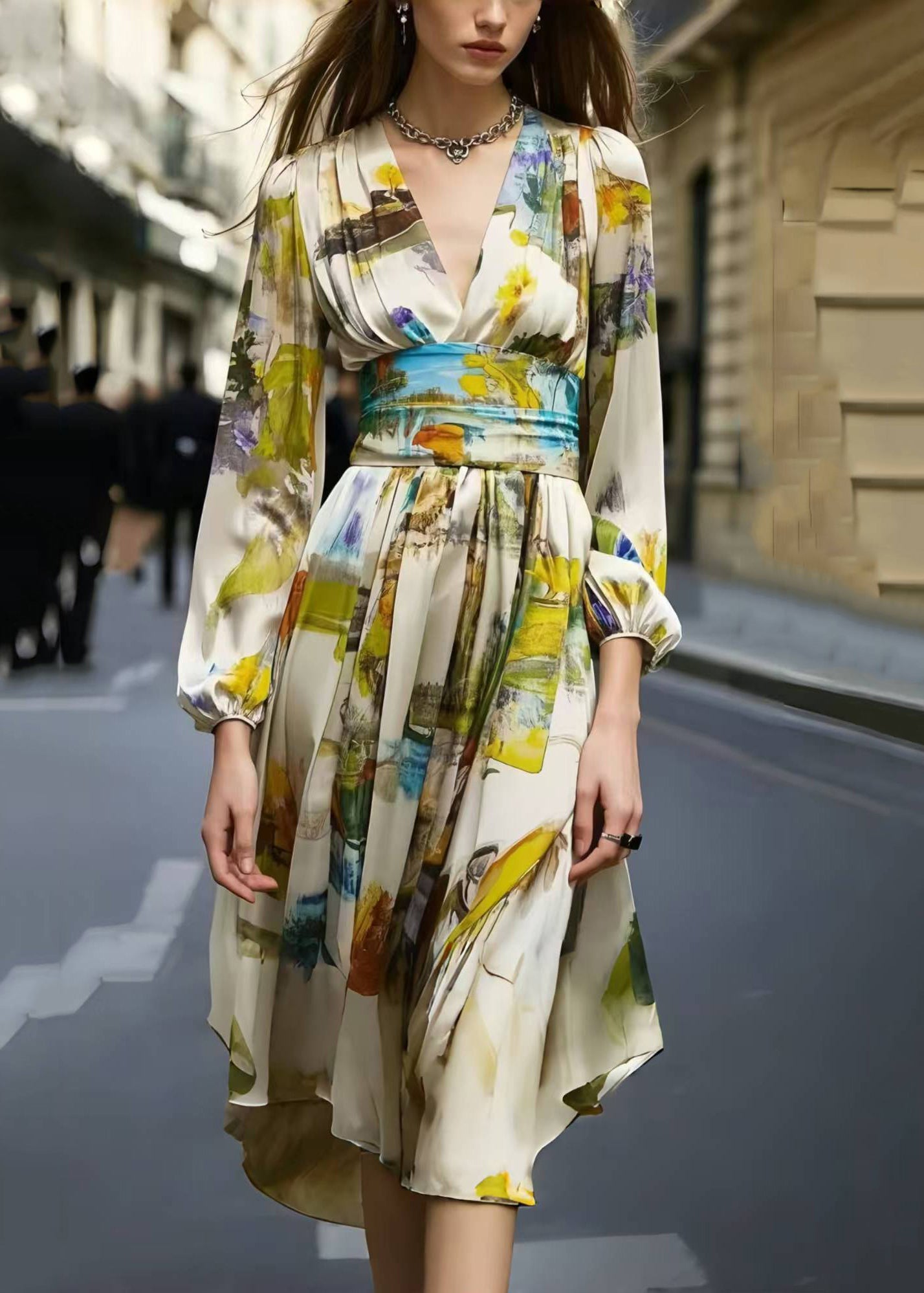 Elegant Cinched Print Silk Day Dress Spring