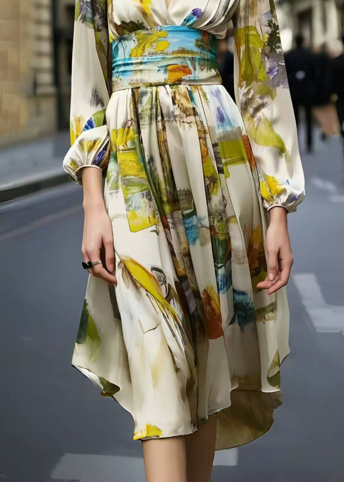 Elegant Cinched Print Silk Day Dress Spring