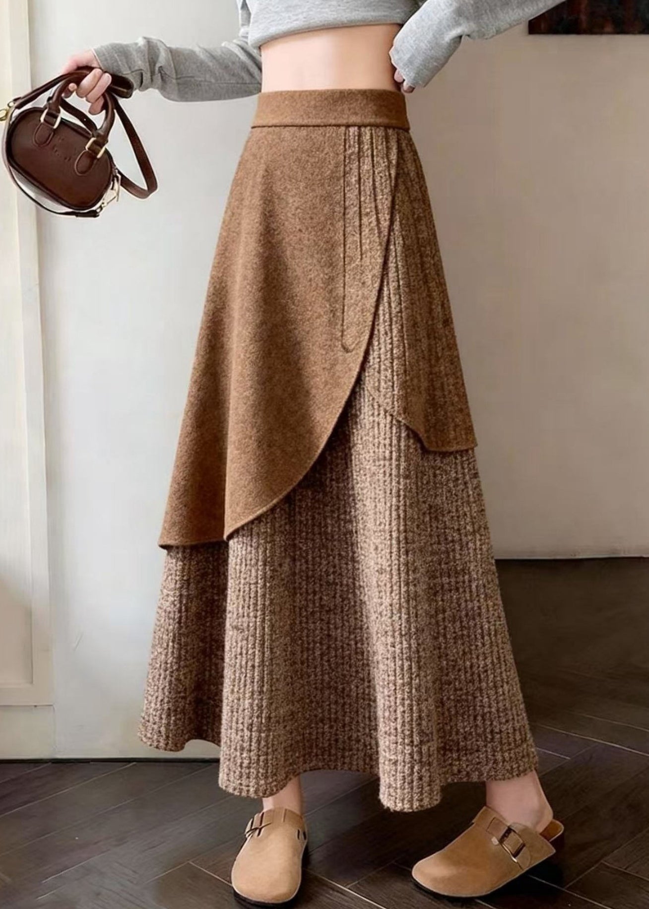 Elegant Coffee Asymmetrical Design Knit A Line Skirts Spring