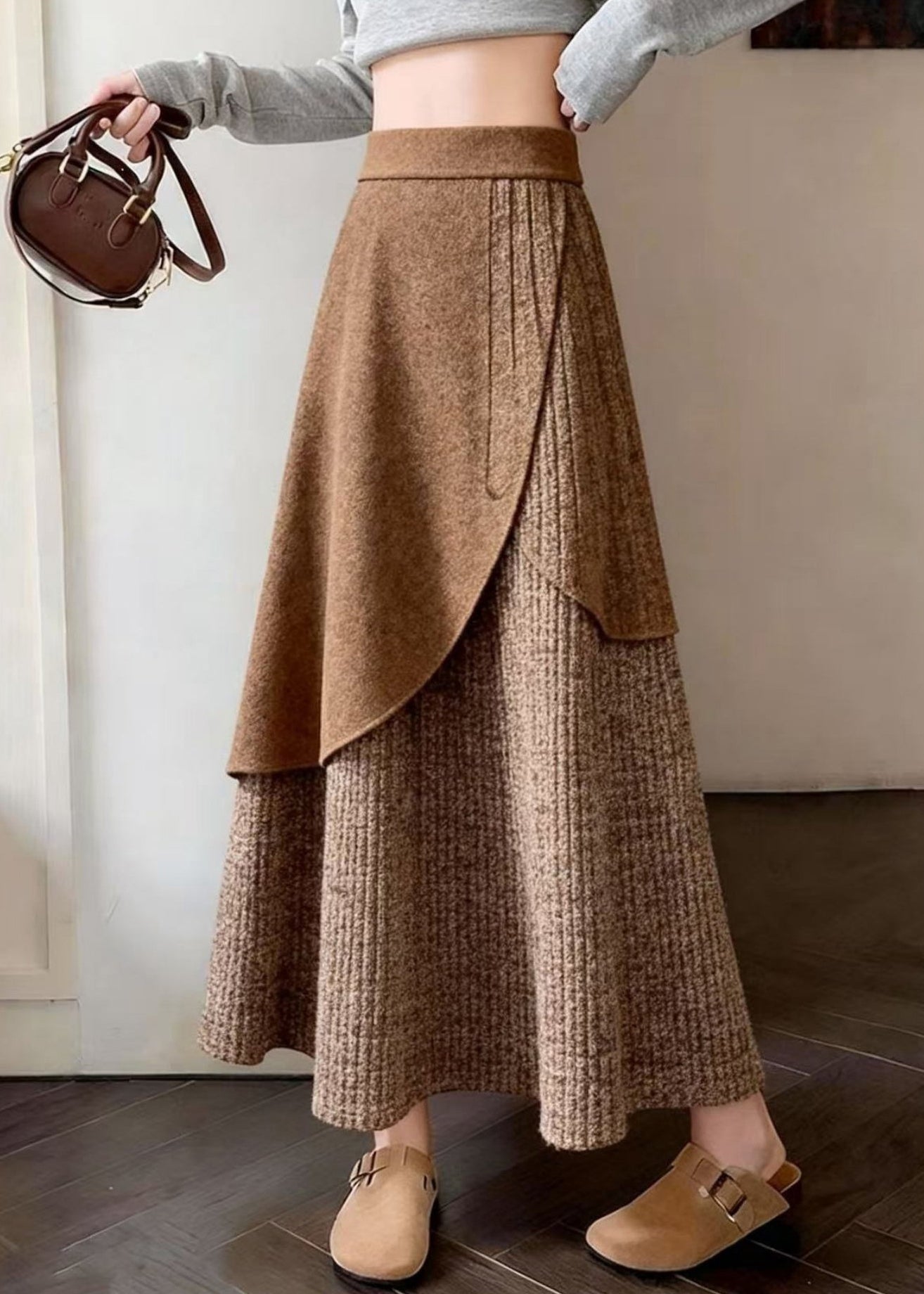 Elegant Coffee Asymmetrical Design Knit A Line Skirts Spring