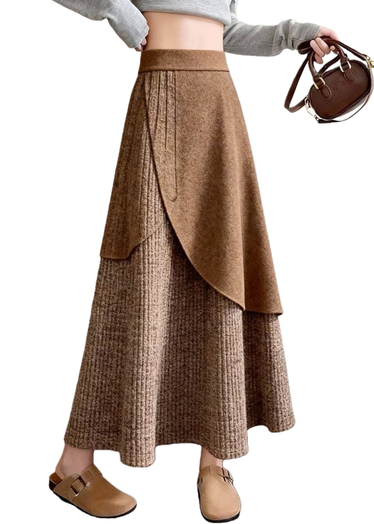 Elegant Coffee Asymmetrical Design Knit A Line Skirts Spring