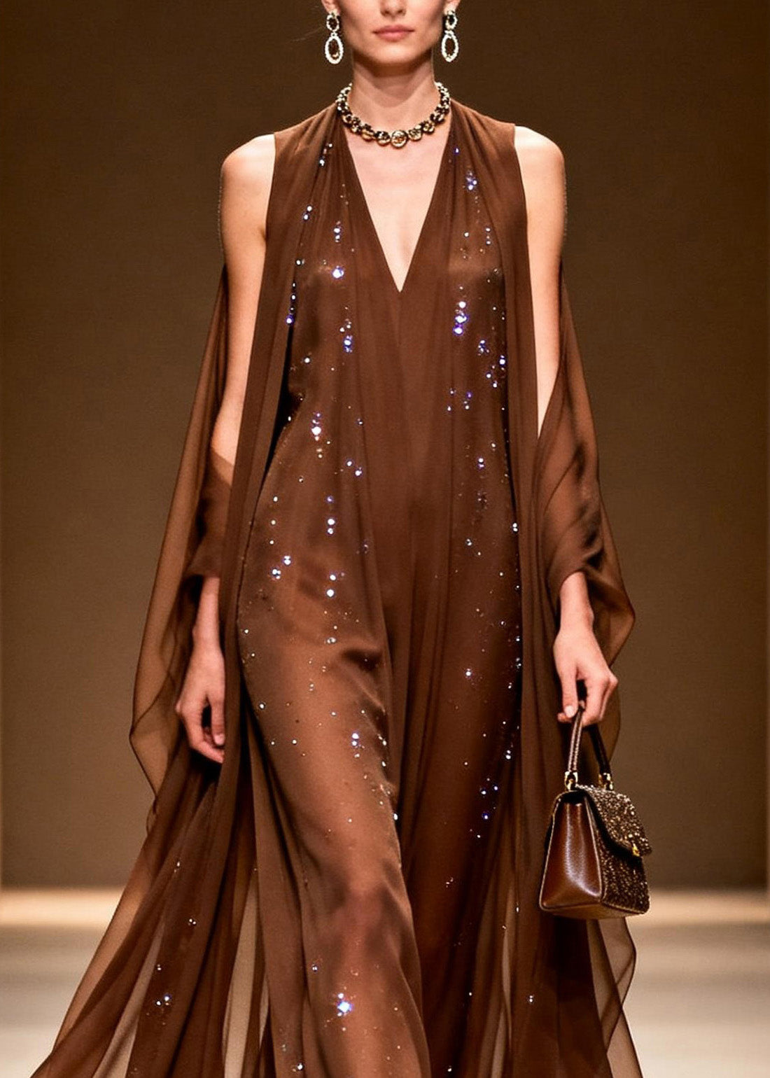 Elegant Coffee Cold Shoulder Zircon Chiffon Maxi Dresses Sleeveless
