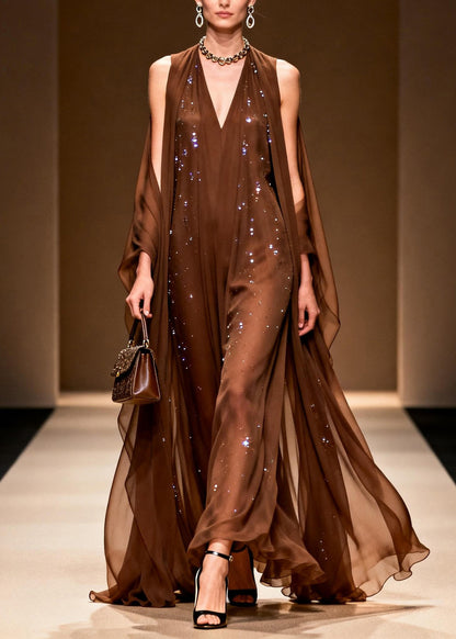 Elegant Coffee Cold Shoulder Zircon Chiffon Maxi Dresses Sleeveless