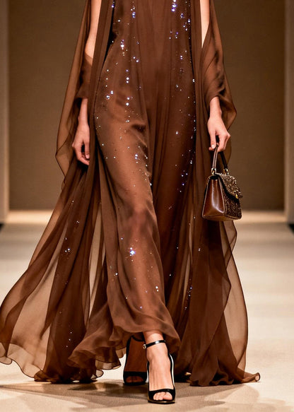 Elegant Coffee Cold Shoulder Zircon Chiffon Maxi Dresses Sleeveless
