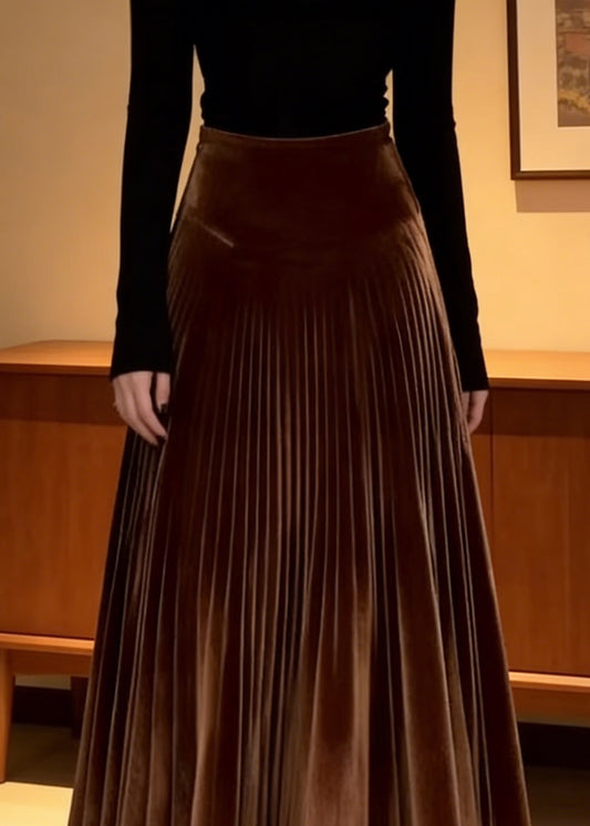 Elegant Coffee Elastic Waist Silk Velvet Maxi Skirts Spring