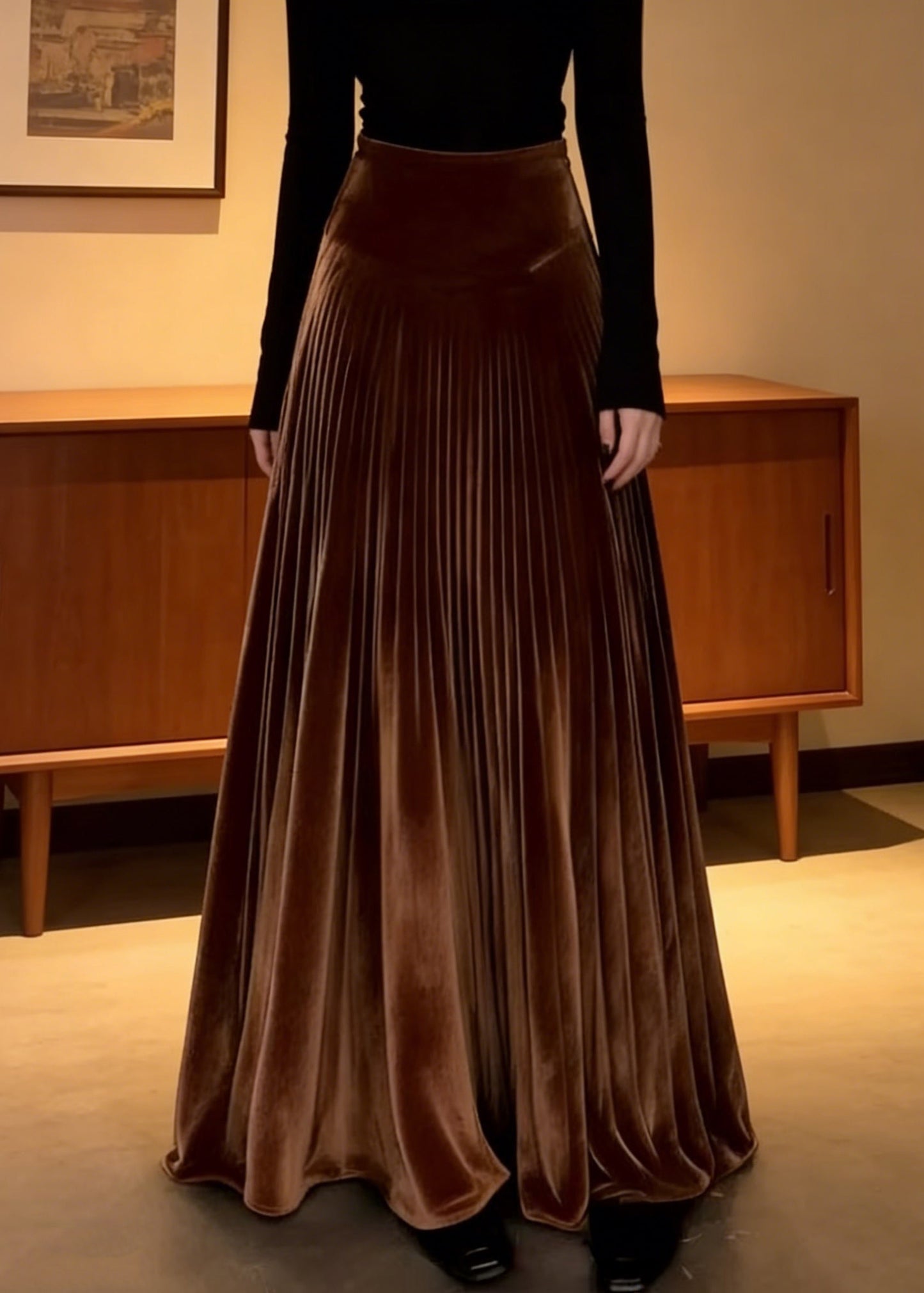 Elegant Coffee Elastic Waist Silk Velvet Maxi Skirts Spring