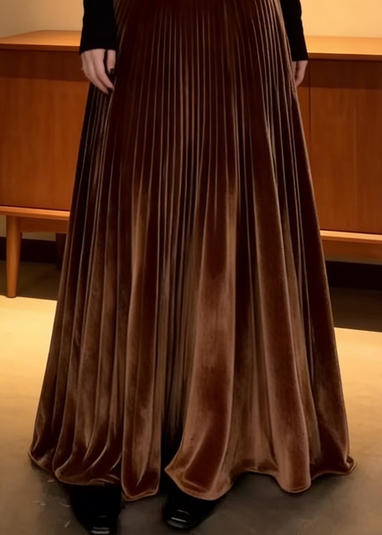 Elegant Coffee Elastic Waist Silk Velvet Maxi Skirts Spring