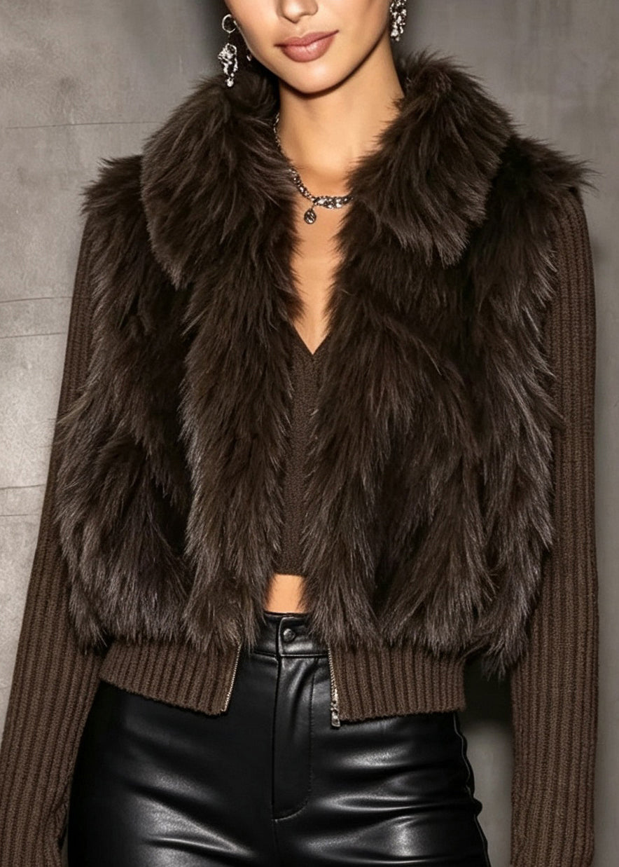 Elegant Coffee Fuzzy Fur Patchwork Knit Short Coat Winter