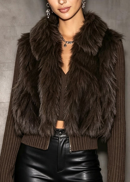 Elegant Coffee Fuzzy Fur Patchwork Knit Short Coat Winter