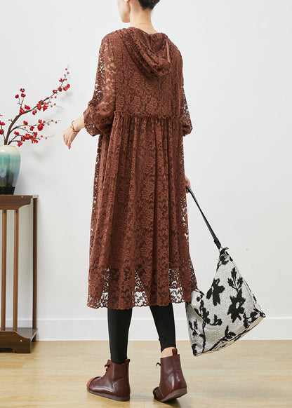 Elegant Coffee Hooded Ruffled Lace Dresses Fall