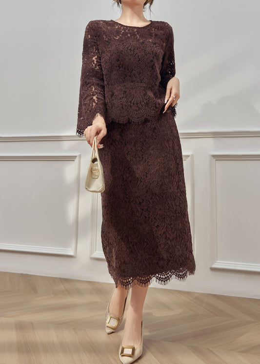 Elegant Coffee O Neck Hollow Out Lace Two Pieces Set Fall