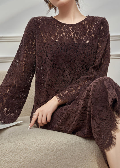 Elegant Coffee O Neck Hollow Out Lace Two Pieces Set Fall