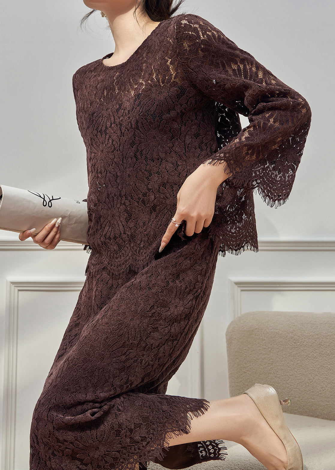 Elegant Coffee O Neck Hollow Out Lace Two Pieces Set Fall