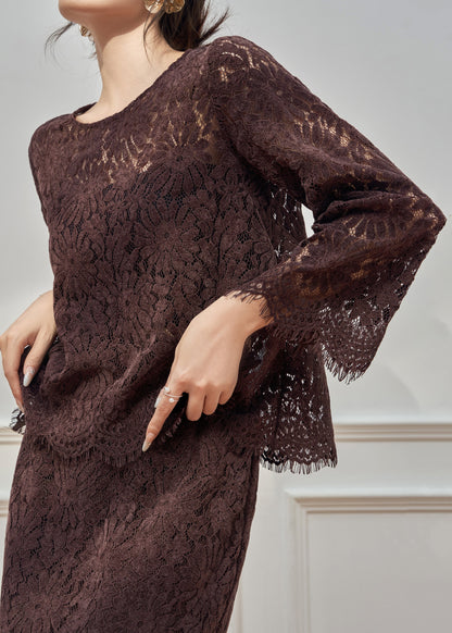 Elegant Coffee O Neck Hollow Out Lace Two Pieces Set Fall