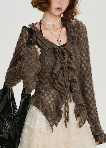 Elegant Coffee Ruffled Hollow Out Knit Shirts Flare Sleeve