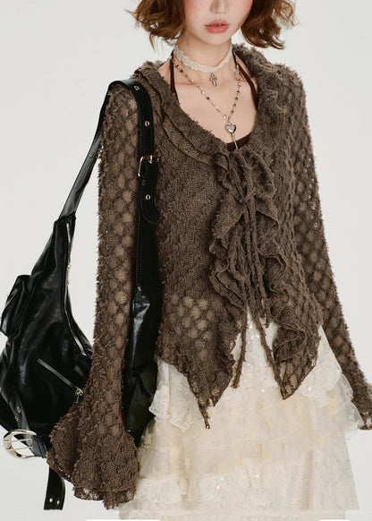 Elegant Coffee Ruffled Hollow Out Knit Shirts Flare Sleeve